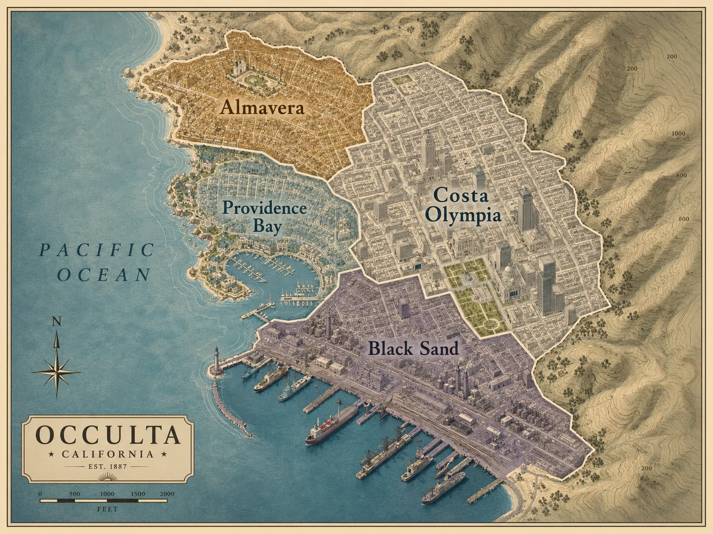 Carte d’Occulta en Californie montrant Almavera, Providence Bay, Costa Olympia et Black Sand