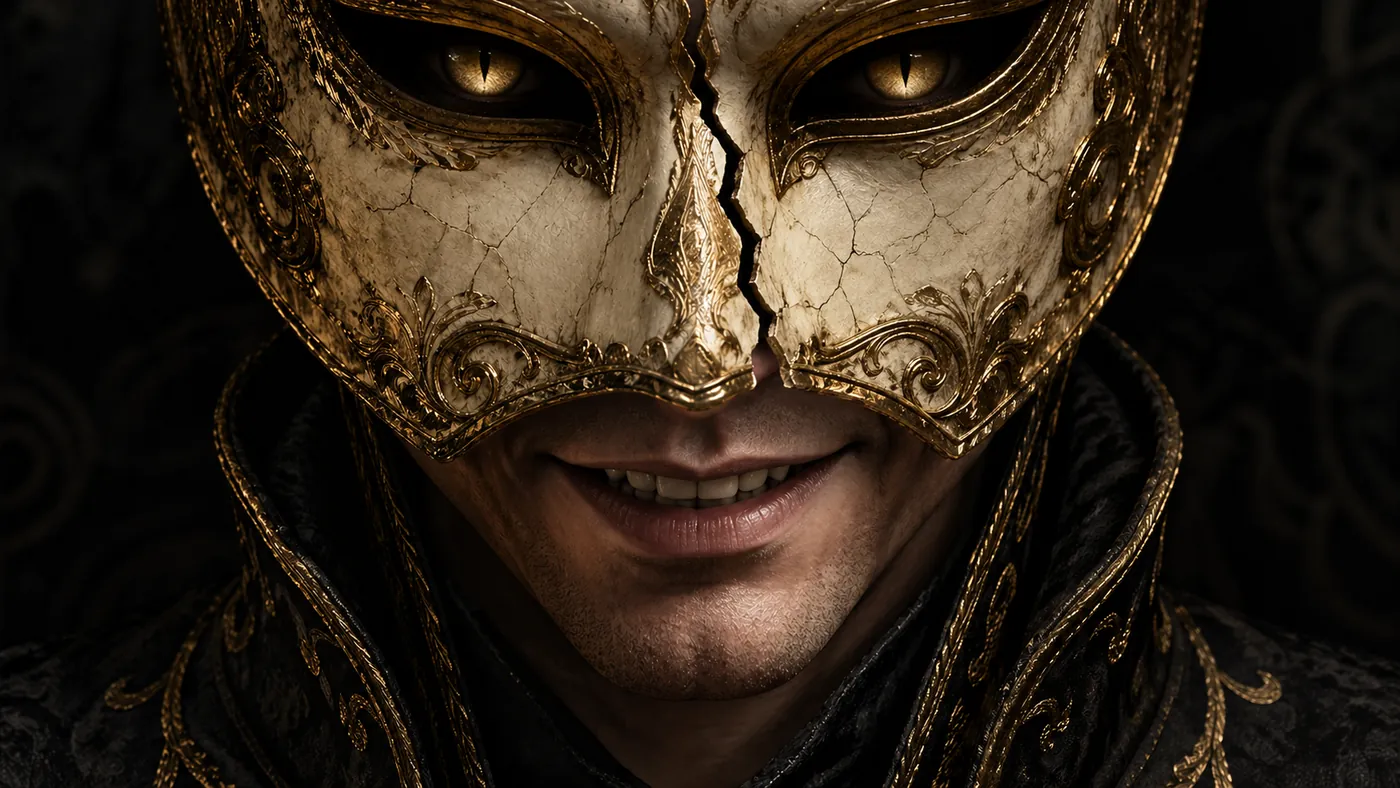 Masque baroque fissuré dans l'univers de La Geste de Souffreprince